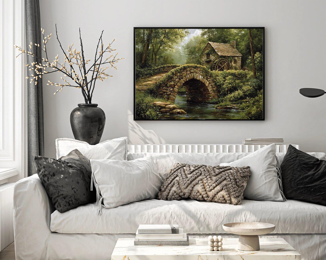 Vintage Stone Bridge Over Stream, Rustic Landscape - Image 3