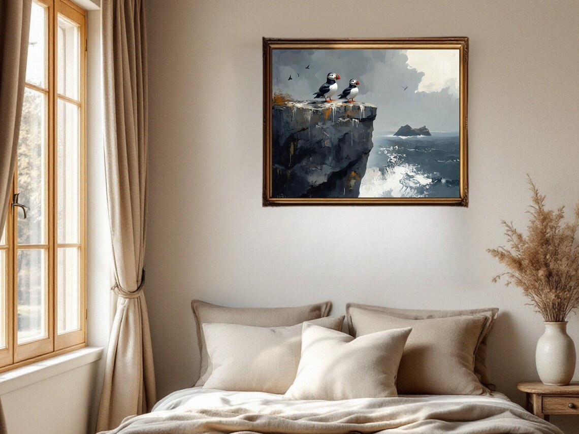 Puffin Birds Art Print, Coastal Ocean Cliff Painting - Image 2