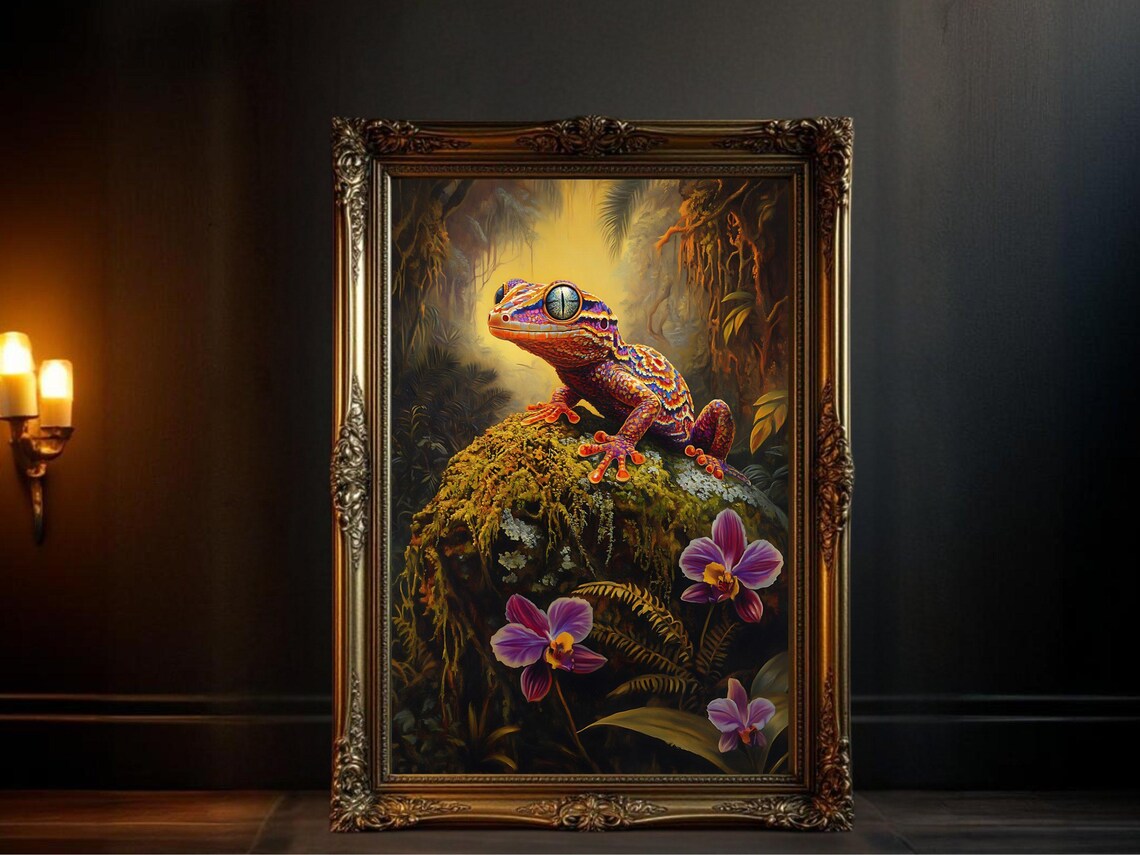 Geckos In Nature Painting, Jungle Wildlife Art