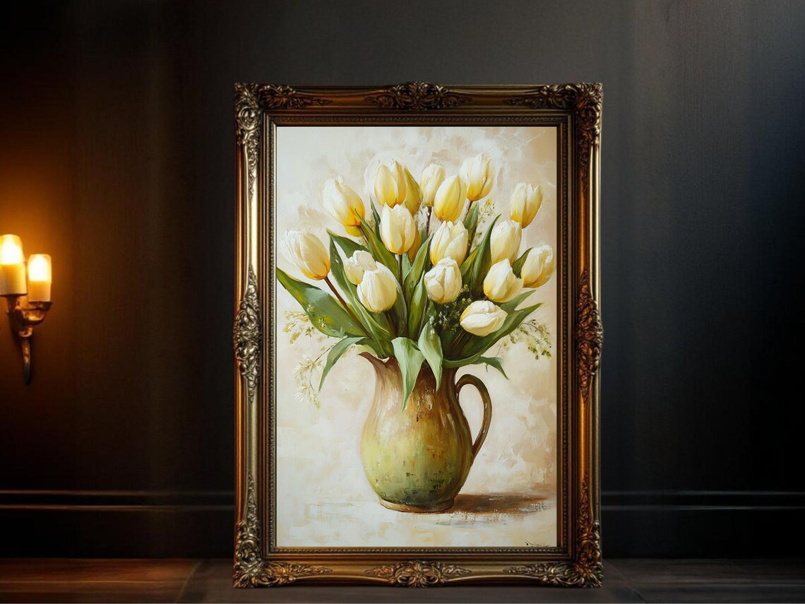 Yellow Tulip Bouquet, Vintage Oil Painting