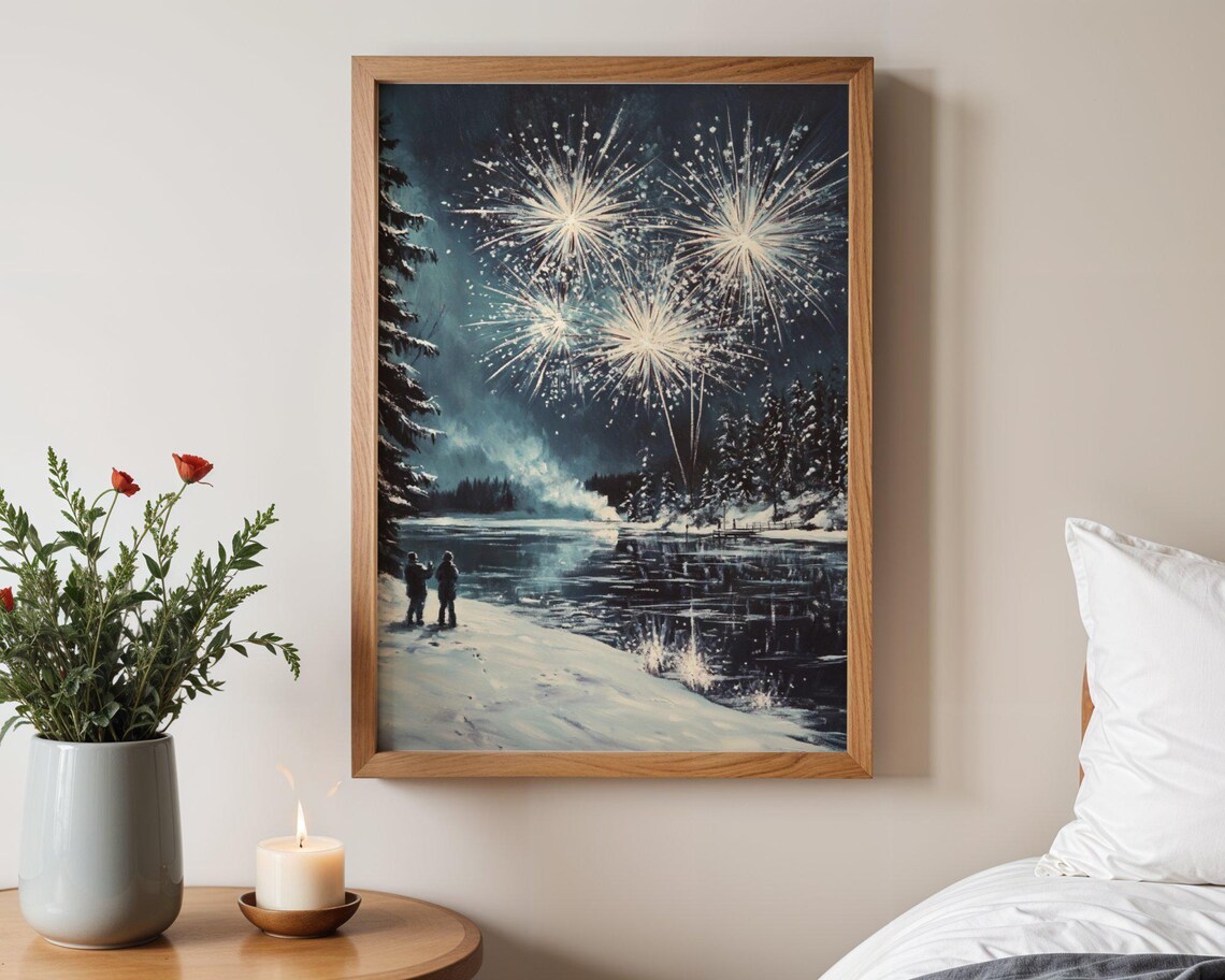 Fireworks Winter Landscape, Christmas Night Art Print