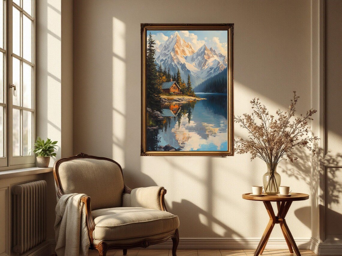 Mountain Cabin Lake View, Rustic Landscape Art Print - Image 3