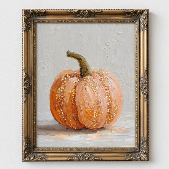 Glitter Pumpkin Oil Painting Fall Autumn Rustic Decor Poster