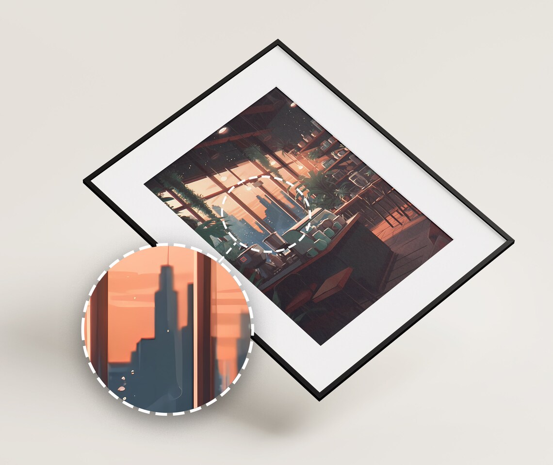 Cozy Lofi Anime Coffee Shop Interior Sunset Window City Poster - Image 2