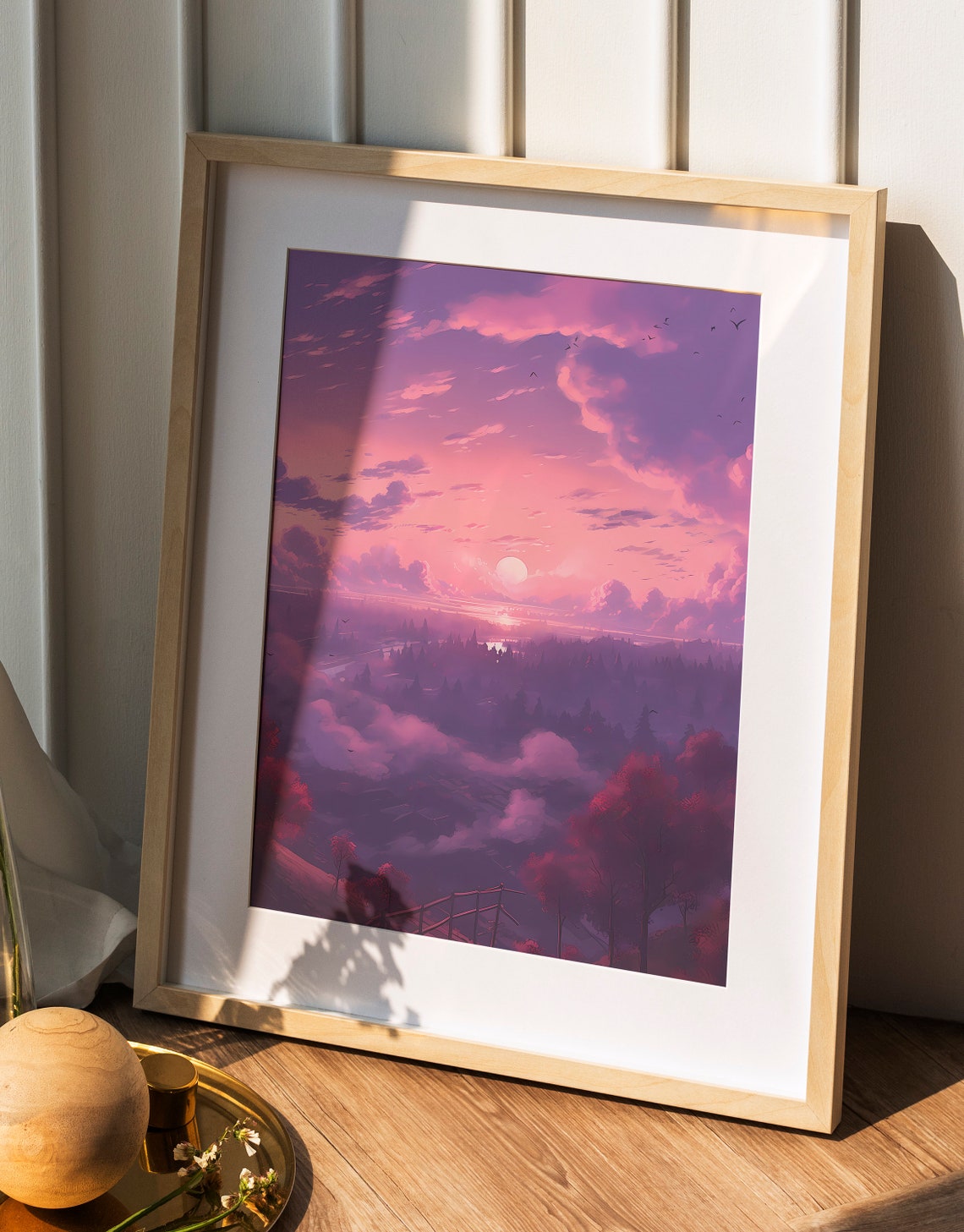 Purple Pink Pastel Sunset Over Misty Forest Lake Anime Poster - Image 3