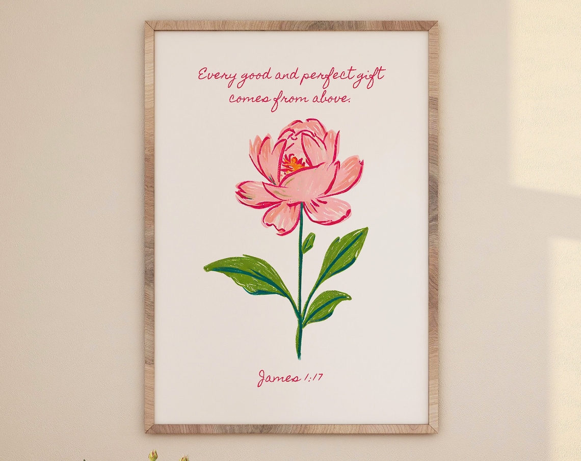 Every Good and Perfect Gift Peony Watercolor Verse Art Poster