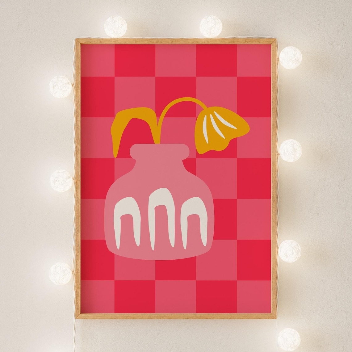 Pink Vase Yellow Flowers Red Checkered Abstract Floral Poster