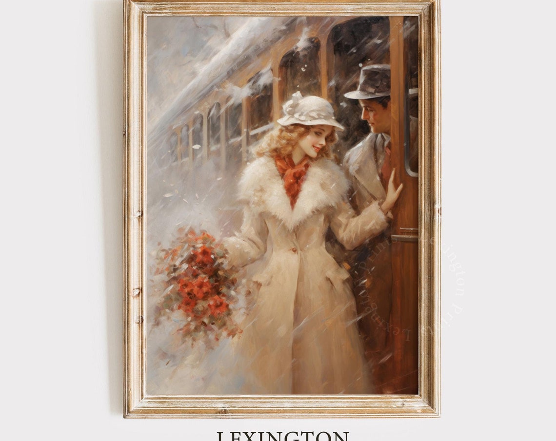 Vintage Christmas Wall Art Woman Christmas Oil Painting Christmas Decor Vintage 1950s Winter Print Town City Art Holiday Winter Art Love 306