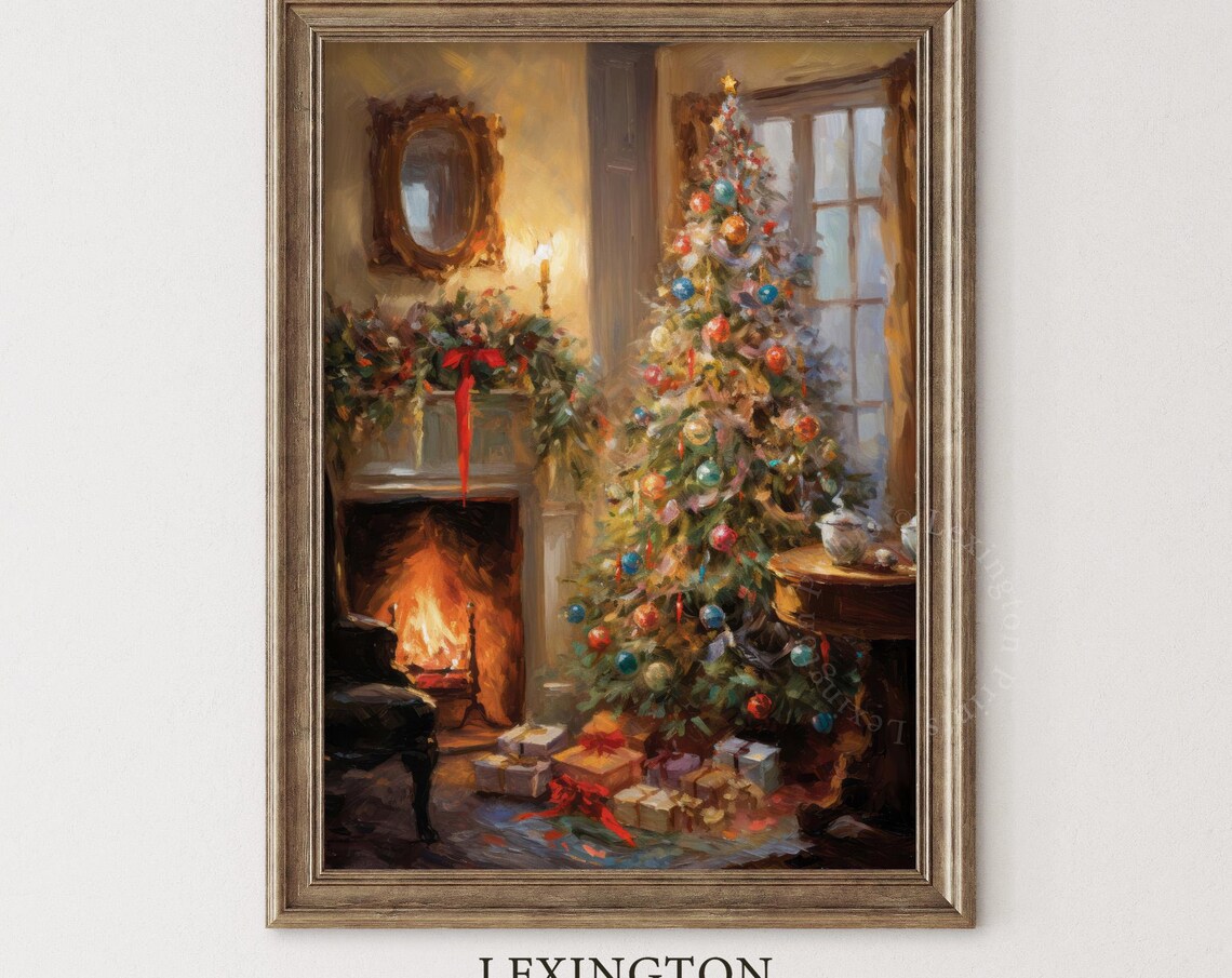 Christmas Tree Fireplace Gifts Warm Vintage Holiday Living Room Poster