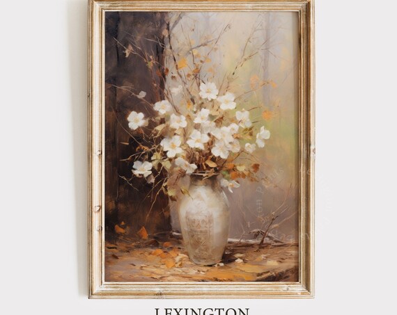 White Wildflowers in Rustic Vase Vintage Floral Decor Poster