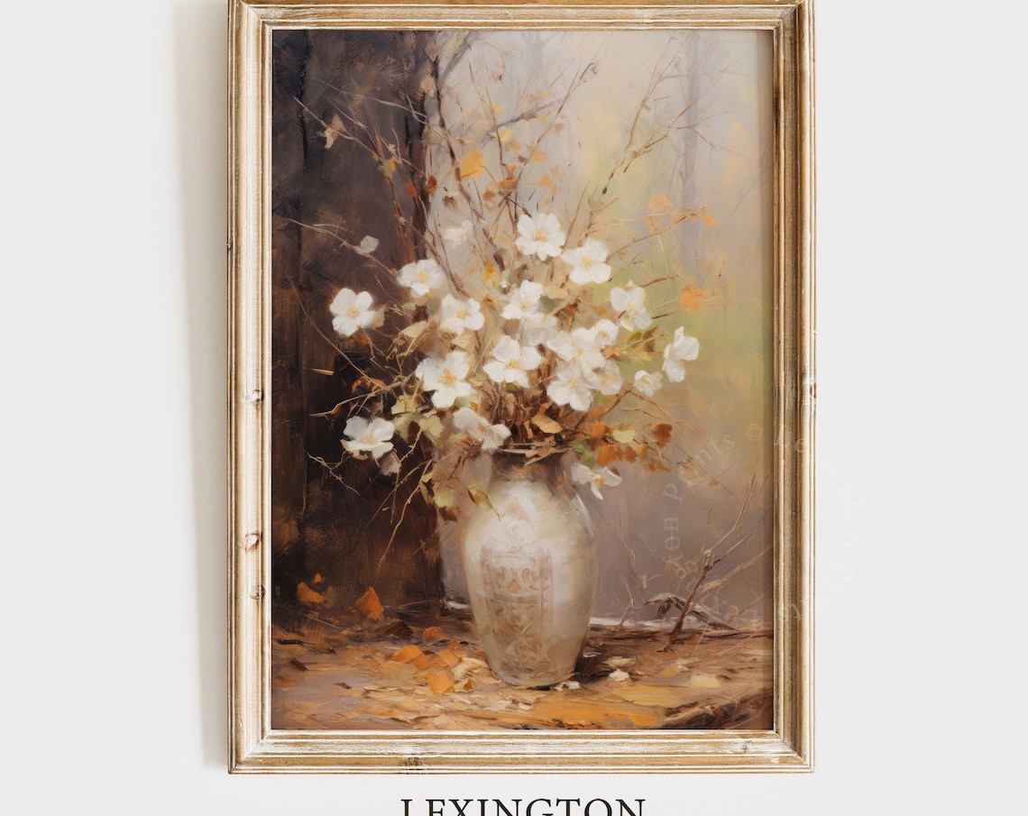 White Wildflowers in Rustic Vase Vintage Floral Decor Poster