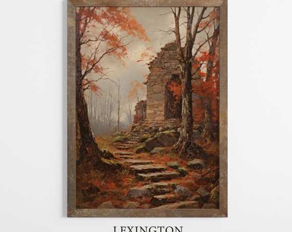 Vintage Autumn Landscape Painting Fall Home Decor Autumn Painting Moody Wall Art Autumn Decor Rustic Fall Decor Forest Wall Art Ruins 214