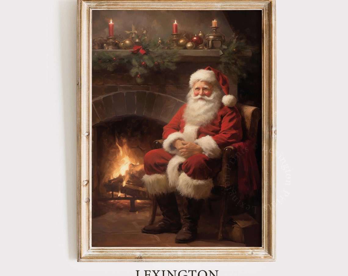 Santa Fireplace Vintage Christmas Wall Art Christmas Santa Painting Christmas Holiday Art Winter Print Santa Christmas Print Seasonal 407