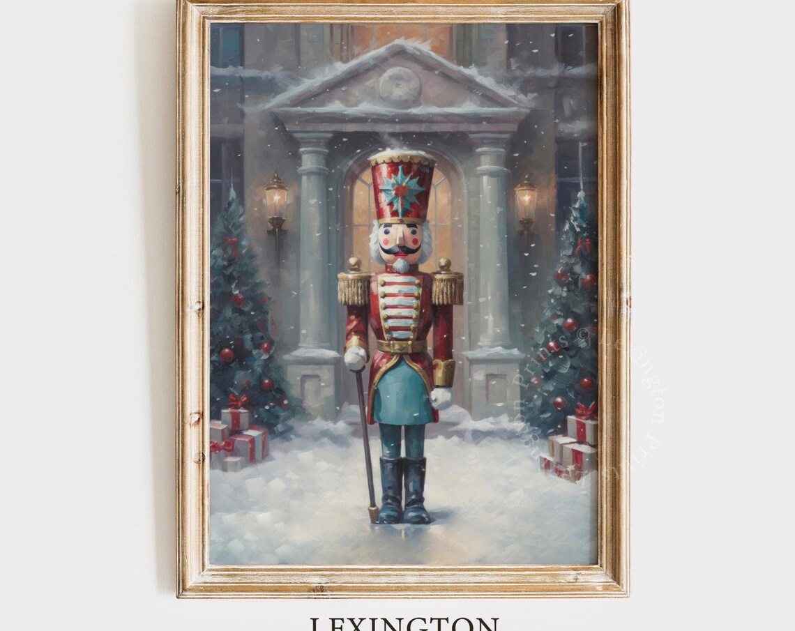 Vintage Nutcracker Soldier Snowy Village Christmas Night Poster