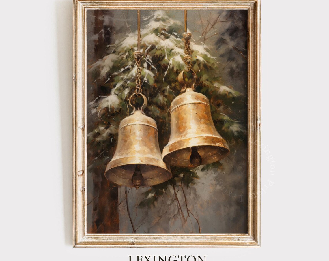 Golden Brass Bells Snowy Fir Branch Vintage Christmas Painting Poster