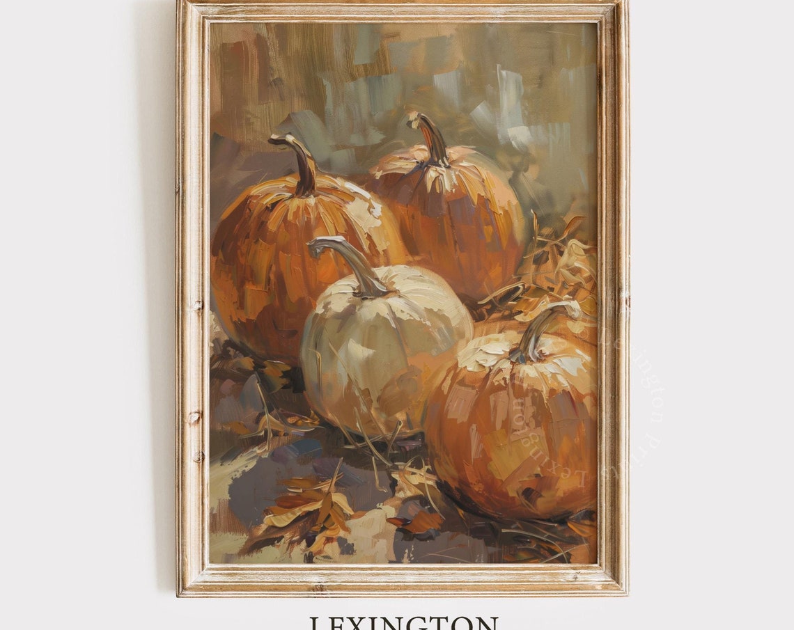 Orange and White Pumpkins Oil Painting Rustic Fall Harvest Wall Art
