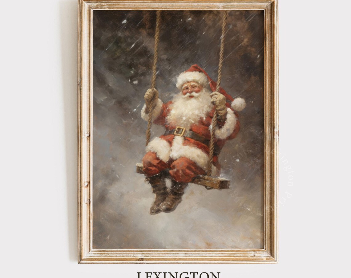 Vintage Santa Claus Swinging in Snow Oil Painting Christmas Poster