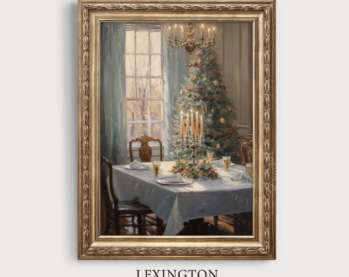 Elegant Candlelit Christmas Dining Table Beside Decorated Tree Poster
