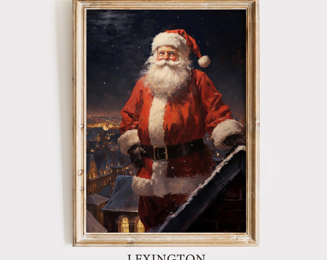 Santa Claus Standing On Snowy Rooftop Over Town At Night Poster