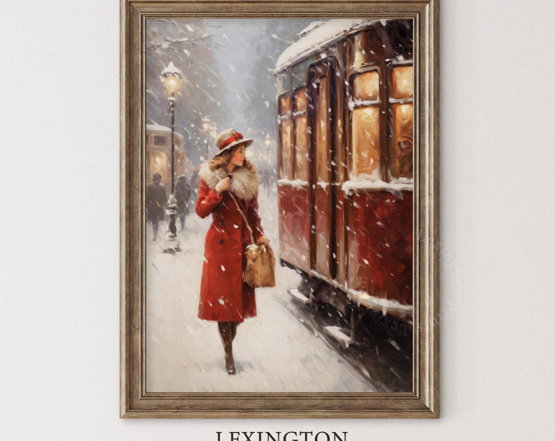 Vintage Christmas Wall Art Woman Christmas Oil Painting Christmas Decor Vintage 1950s Winter Print City Train Art Holiday Art Winter Art 309