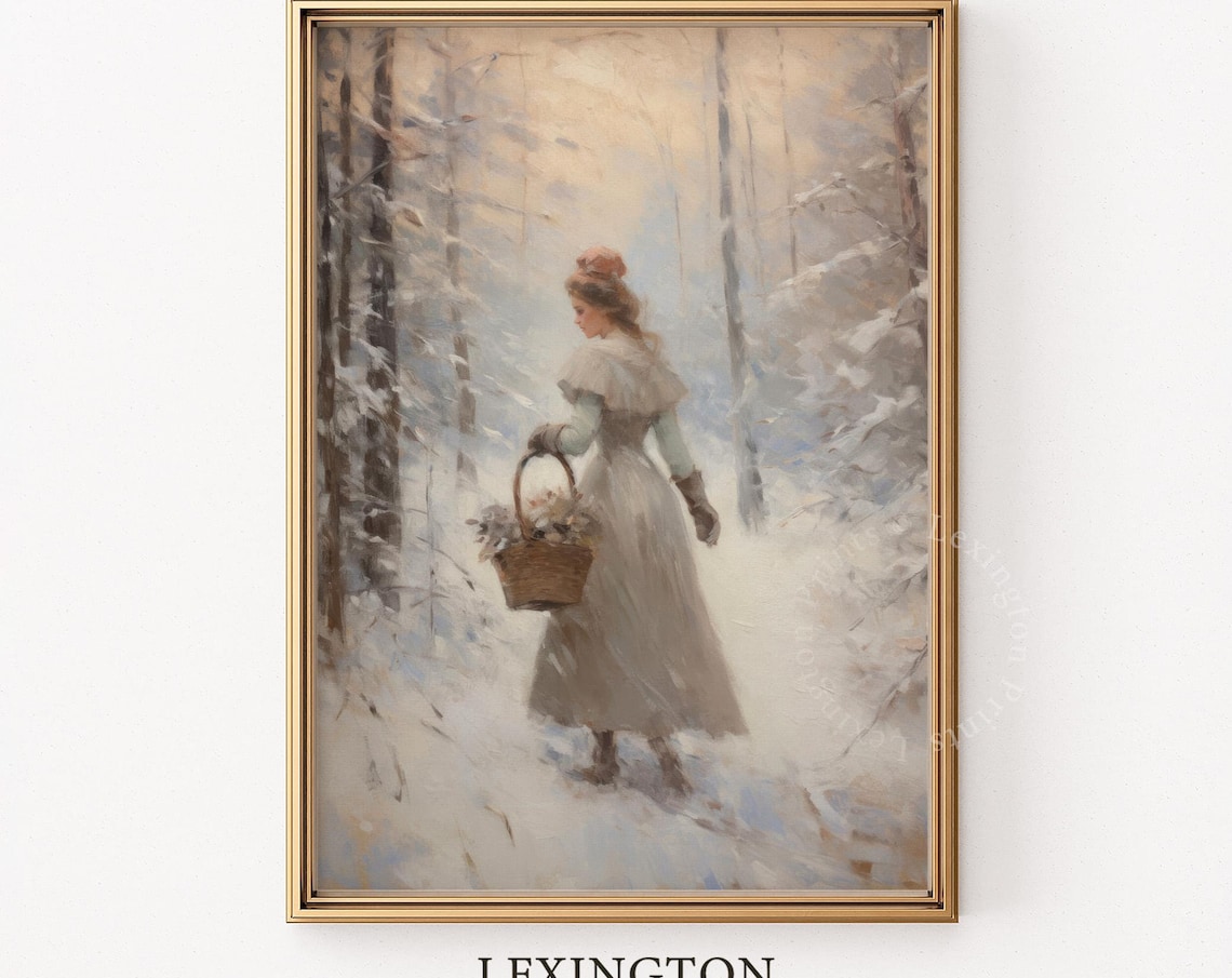 Woman Winter Forest Snowy Basket Vintage Moody Painting Poster