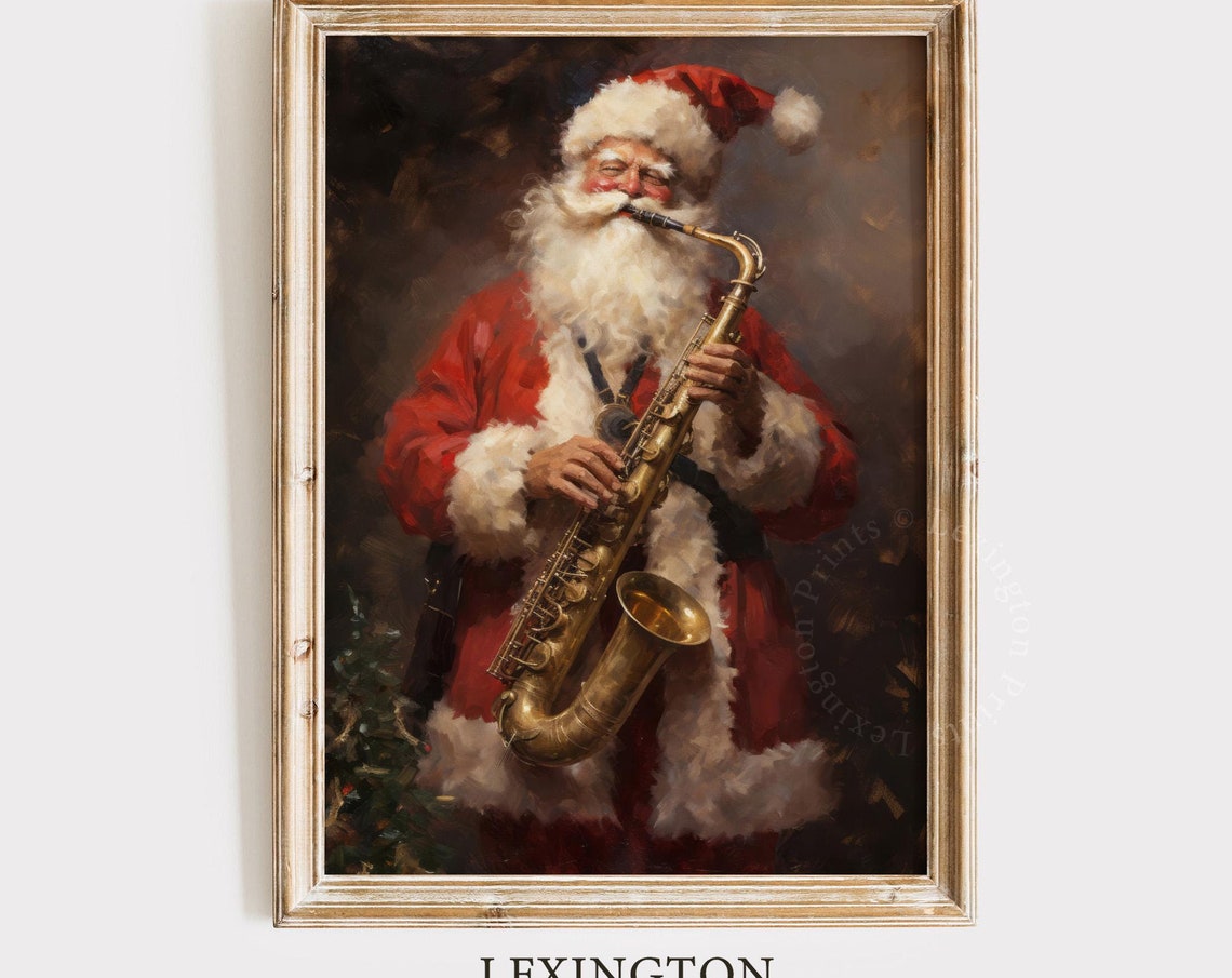 Santa Christmas Santa Playing Saxophone Christmas Wall Art Santa Vintage Christmas Rustic Winter Music Wall Art Oil Painting Art 294