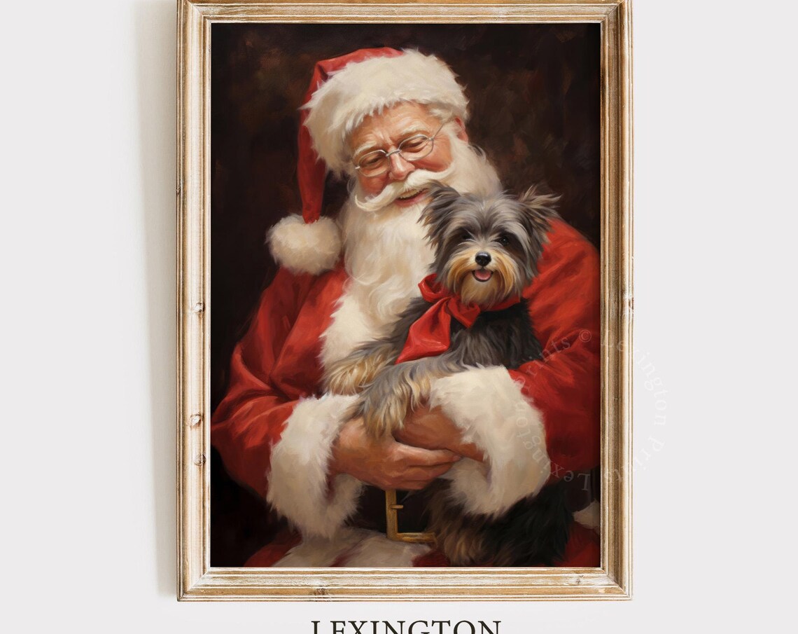 Santa Claus Holding a Small Terrier Dog Christmas Portrait Poster