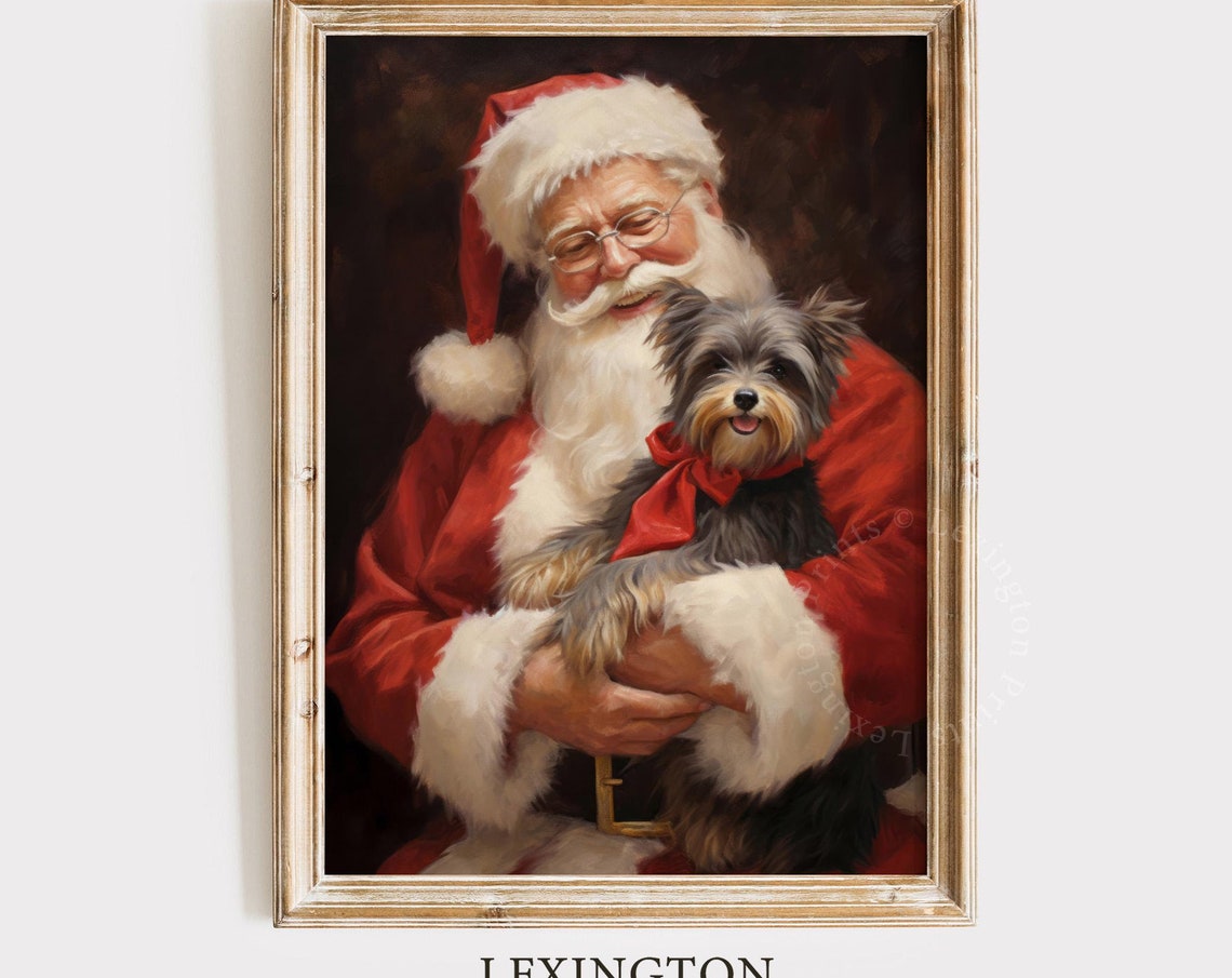 Vintage Christmas Wall Art Christmas Santa Dog Painting Christmas Art Holiday Winter Print Santa Christmas Print Dog Portrait Yorkie Art 406