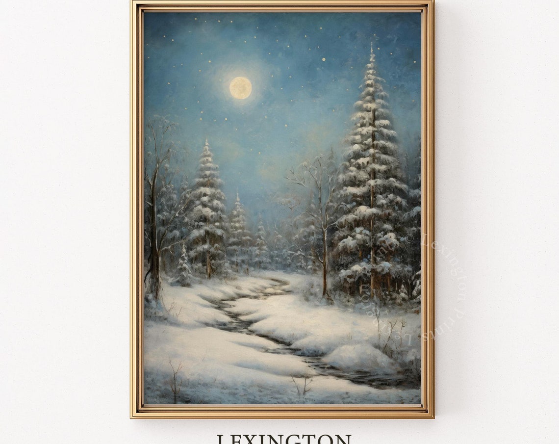 Snowy Winter Forest Night Full Moon Christmas Landscape Wall Art - Image 8