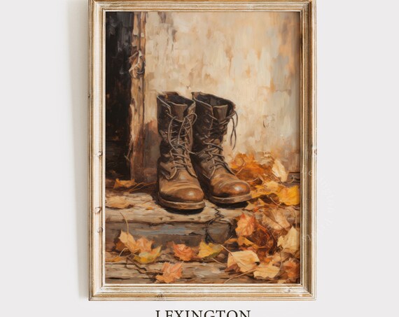 Worn Leather Work Boots Doorway Autumn Leaves Rustic Still Life Poster