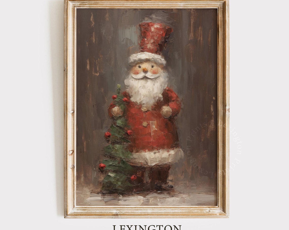 Rustic Folk Art Santa with Tall Red Hat Holding Berry Tree Poster