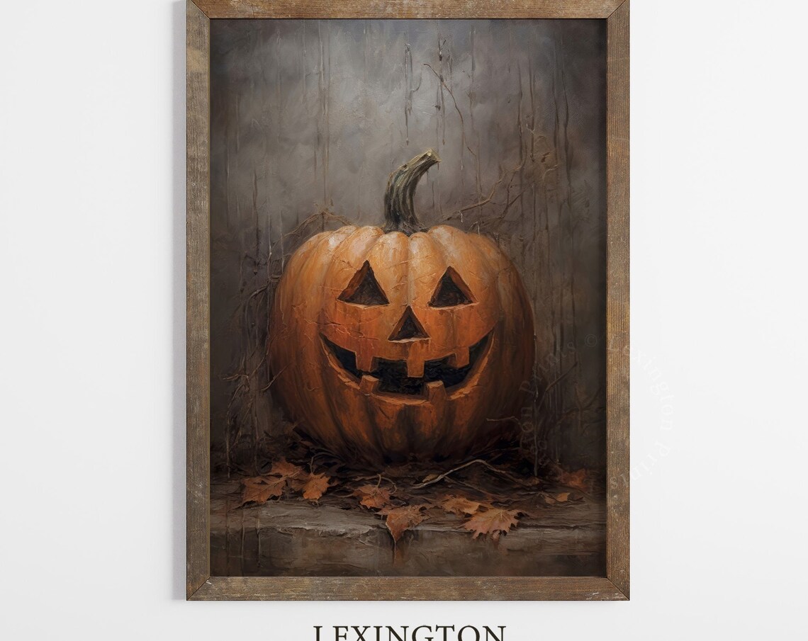 Smiling Jack-O-Lantern Pumpkin On Stone Ledge Oil Painting Fall Poster