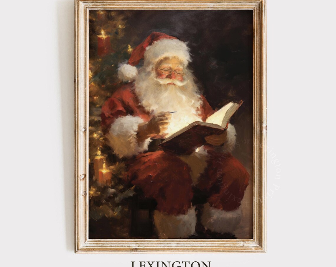 Santa Claus Reading Glowing Book Candlelit Christmas Tree Night Poster