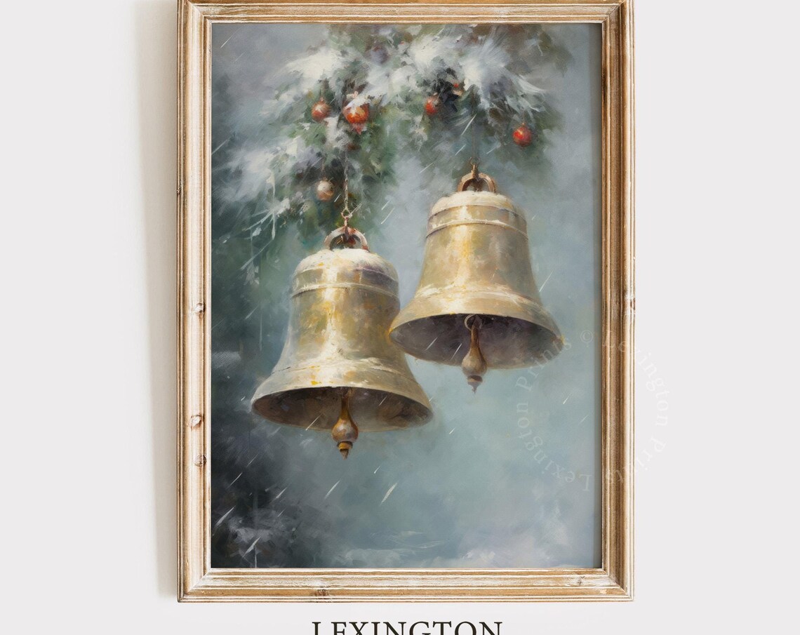 Large Brass Bells on Snowy Evergreen Bough Misty Winter Holiday Poster