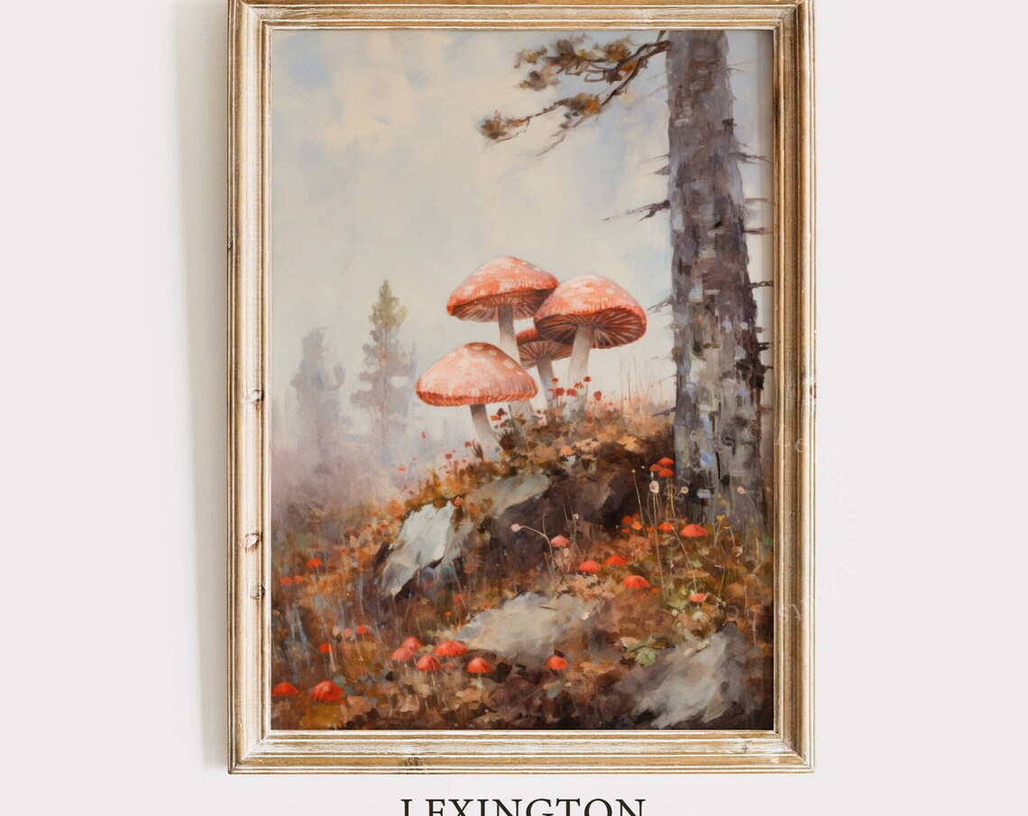 Red Fly Agaric Mushroom Cluster Autumn Woodland Scene Poster