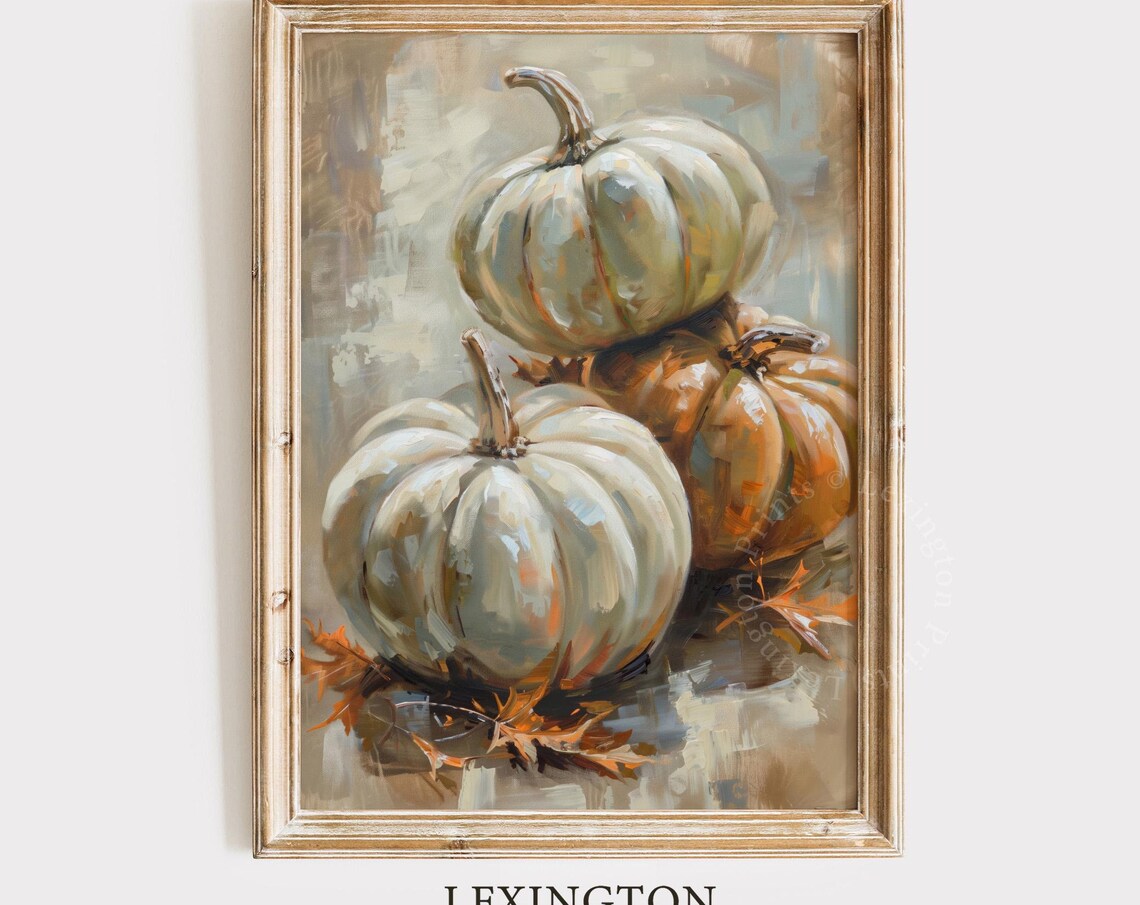 Stacked White and Orange Pumpkins Oil Painting Autumn Fall Poster