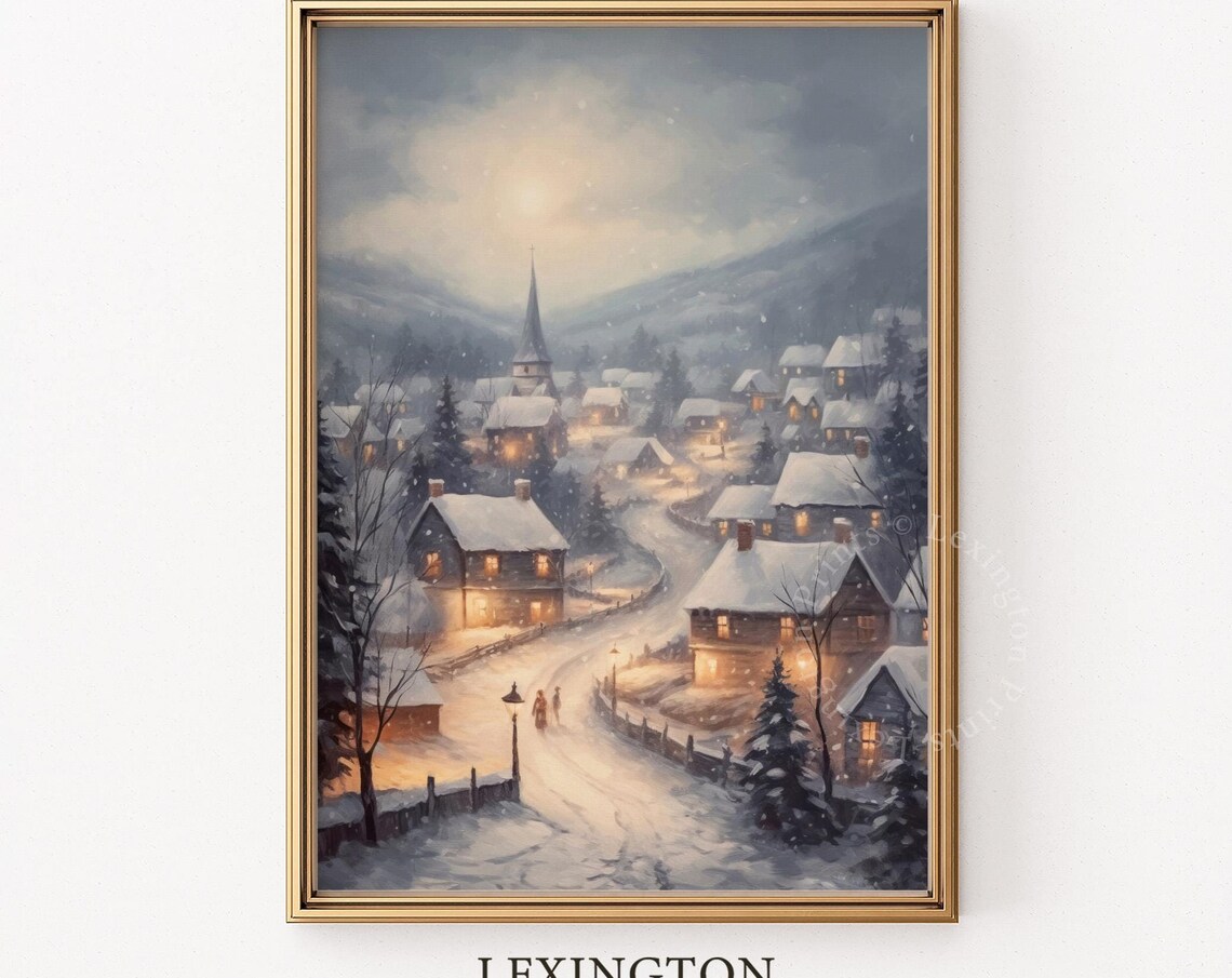 Snowy Christmas Village Town Church Night Winter Painting Poster - Image 8