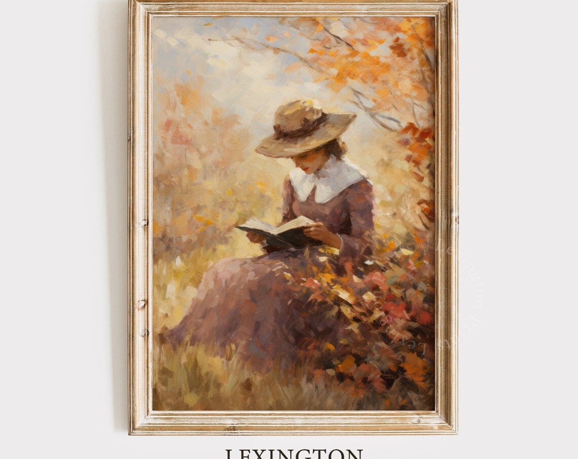 Woman Reading in Autumn Garden Vintage Hat Fall Foliage Art Poster