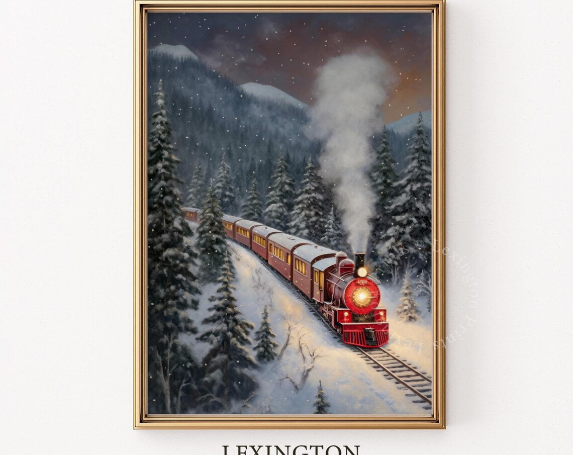 Vintage Red Steam Train Snowy Pine Forest Christmas Night Poster - Image 6