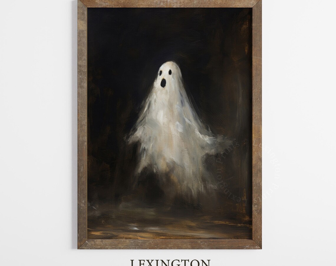 Surprised Little Ghost Floating in Dark Moody Halloween Wall Art