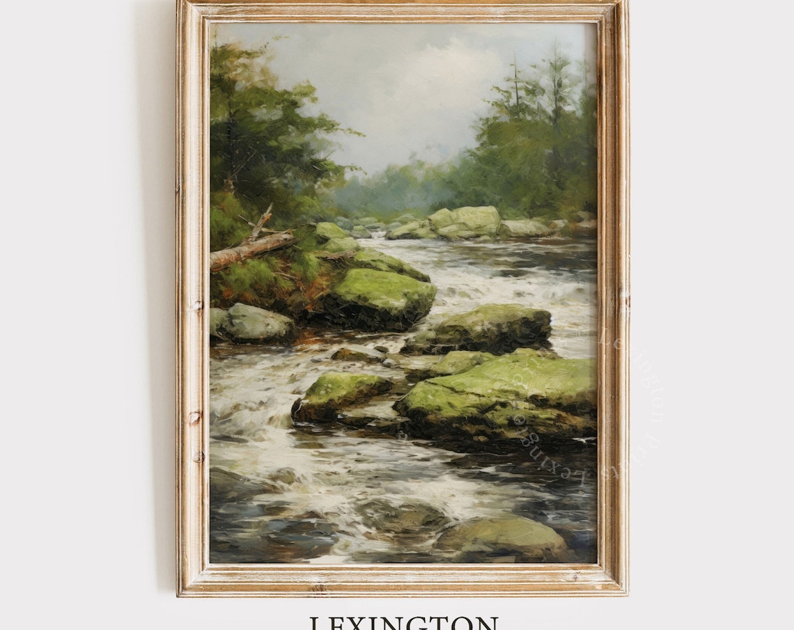 Rustic Forest Stream Mossy Rocks Vintage Oil Painting Landscape Print - Image 8