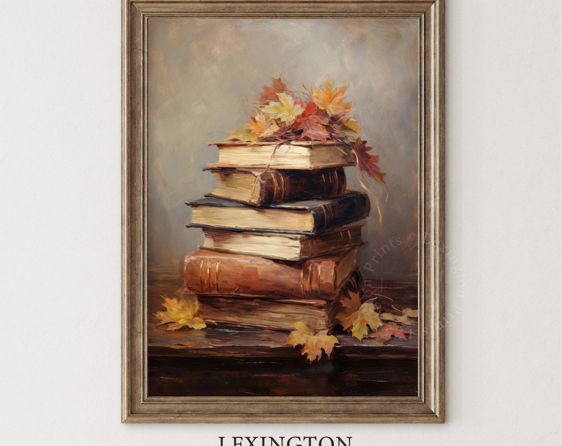 Stack of Old Books with Autumn Maple Leaves Vintage Still Life Poster