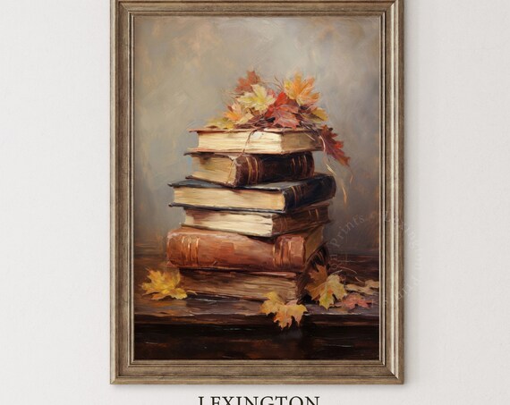 Stack of Old Books with Autumn Maple Leaves Vintage Still Life Poster