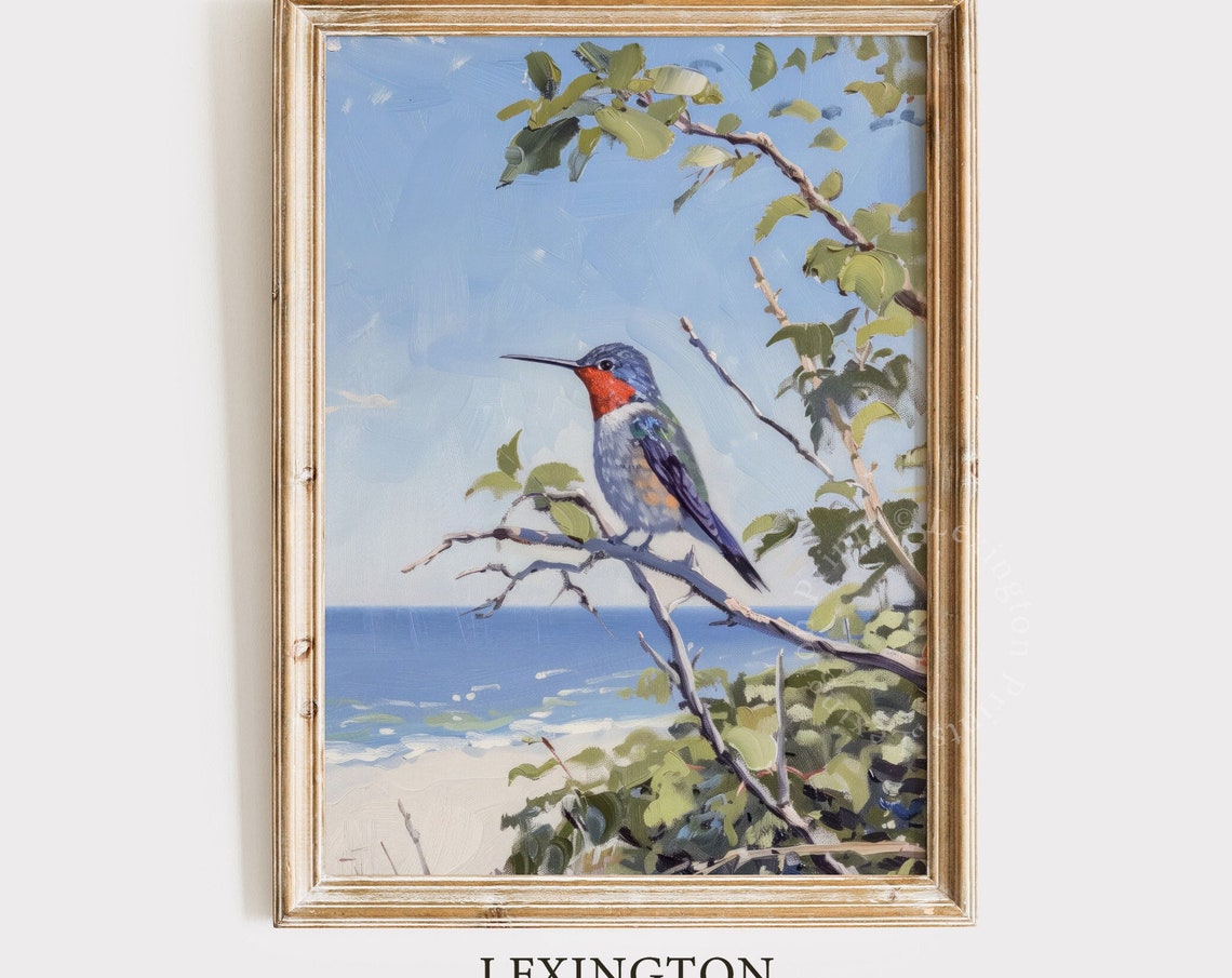 Ruby Throated Hummingbird on Branch Over Ocean Painting Poster