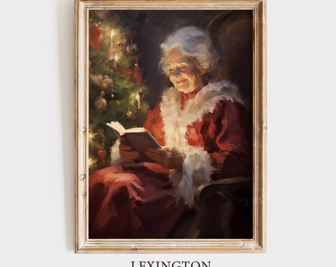 Vintage Christmas Wall Art Mrs Claus Reading Book Christmas Oil Painting Moody Art Academia Santa Christmas Decor Winter Print 235