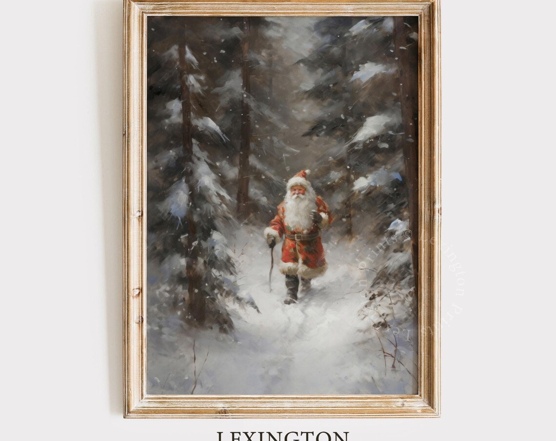 Santa Claus Walking Through a Snowy Forest Vintage Painting Poster - Image 4