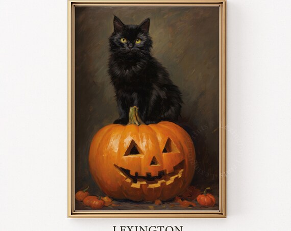 Black Cat Sitting on Carved Jack O Lantern Spooky Halloween Poster