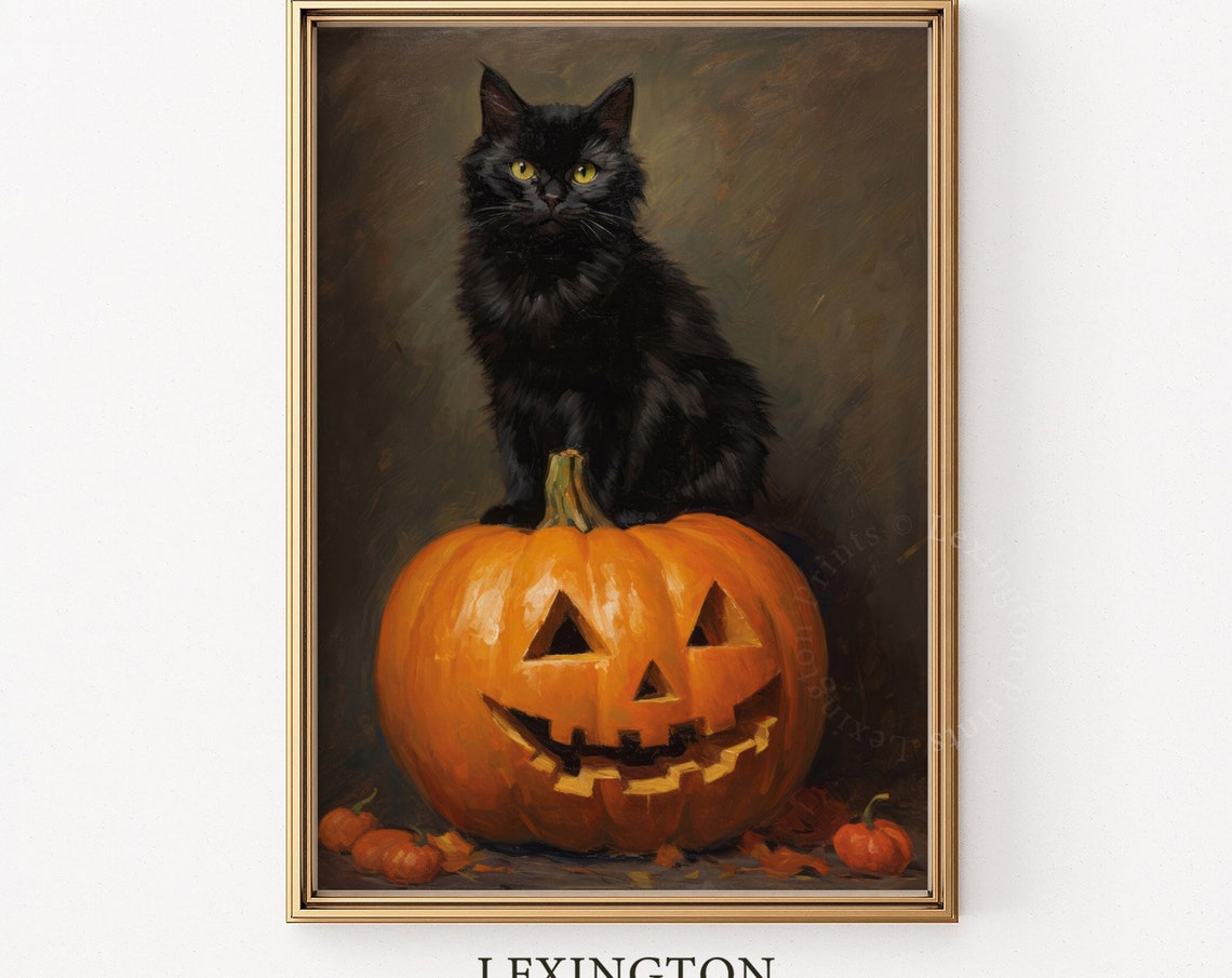 Black Cat Sitting on Carved Jack O Lantern Spooky Halloween Poster