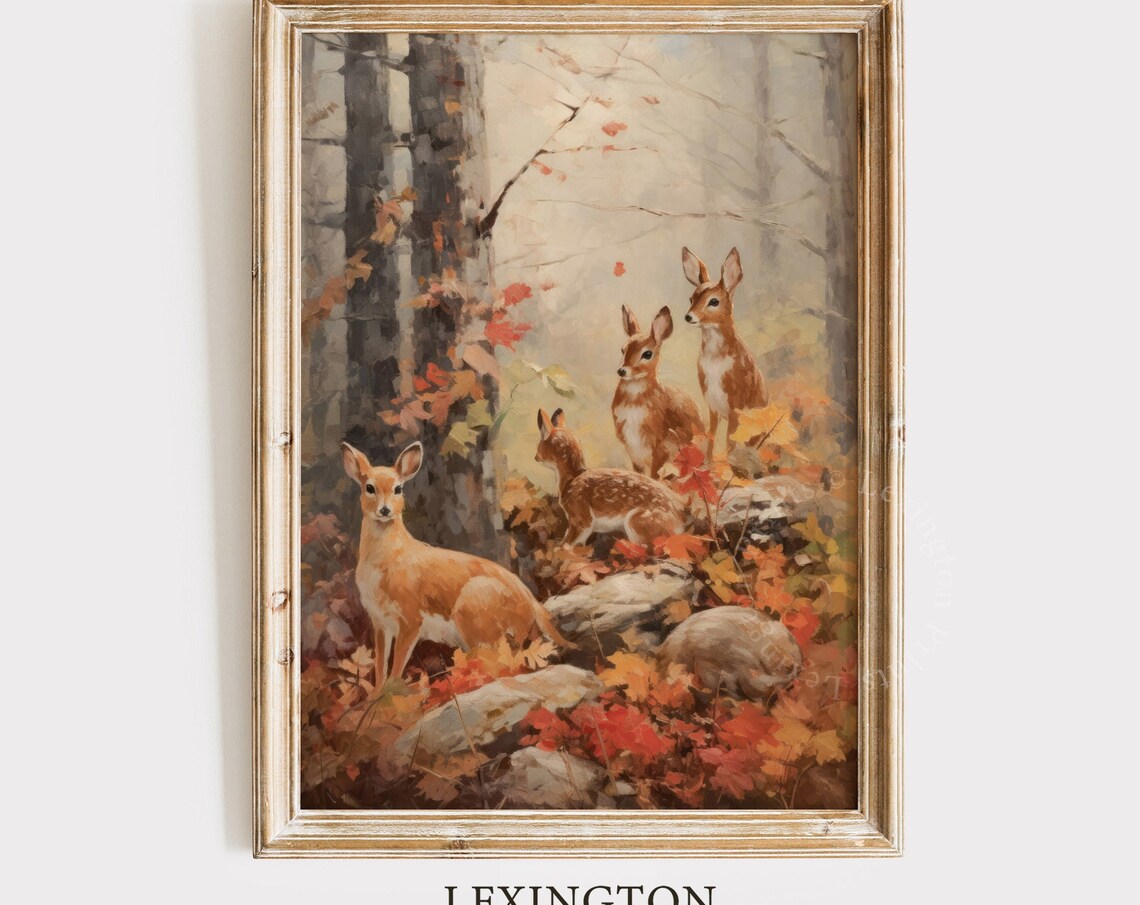 Fawn Family Among Red Autumn Leaves Misty Forest Fall Wildlife Wall Art