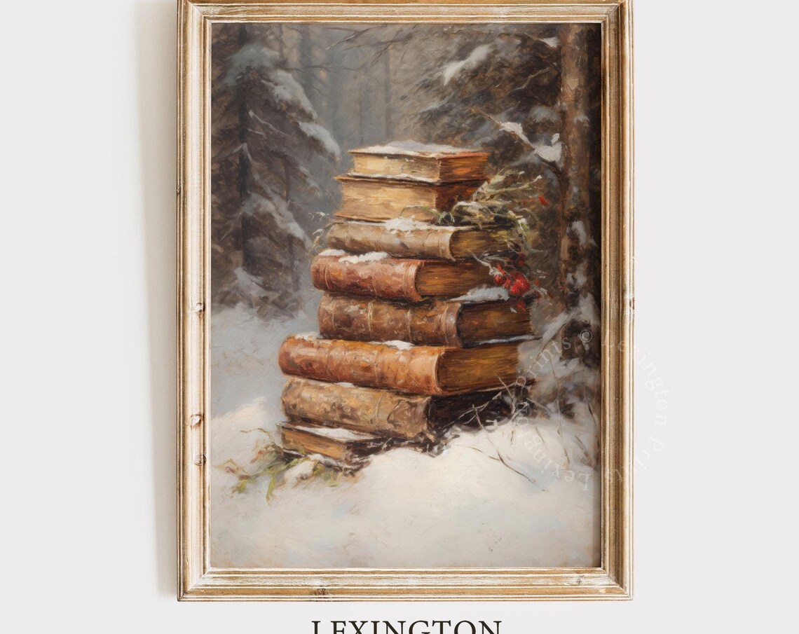 Snowy Christmas Wall Art Book Art Winter Dark Academia Decor Vintage Christmas Print Winter Print Oil Painting Holiday 355
